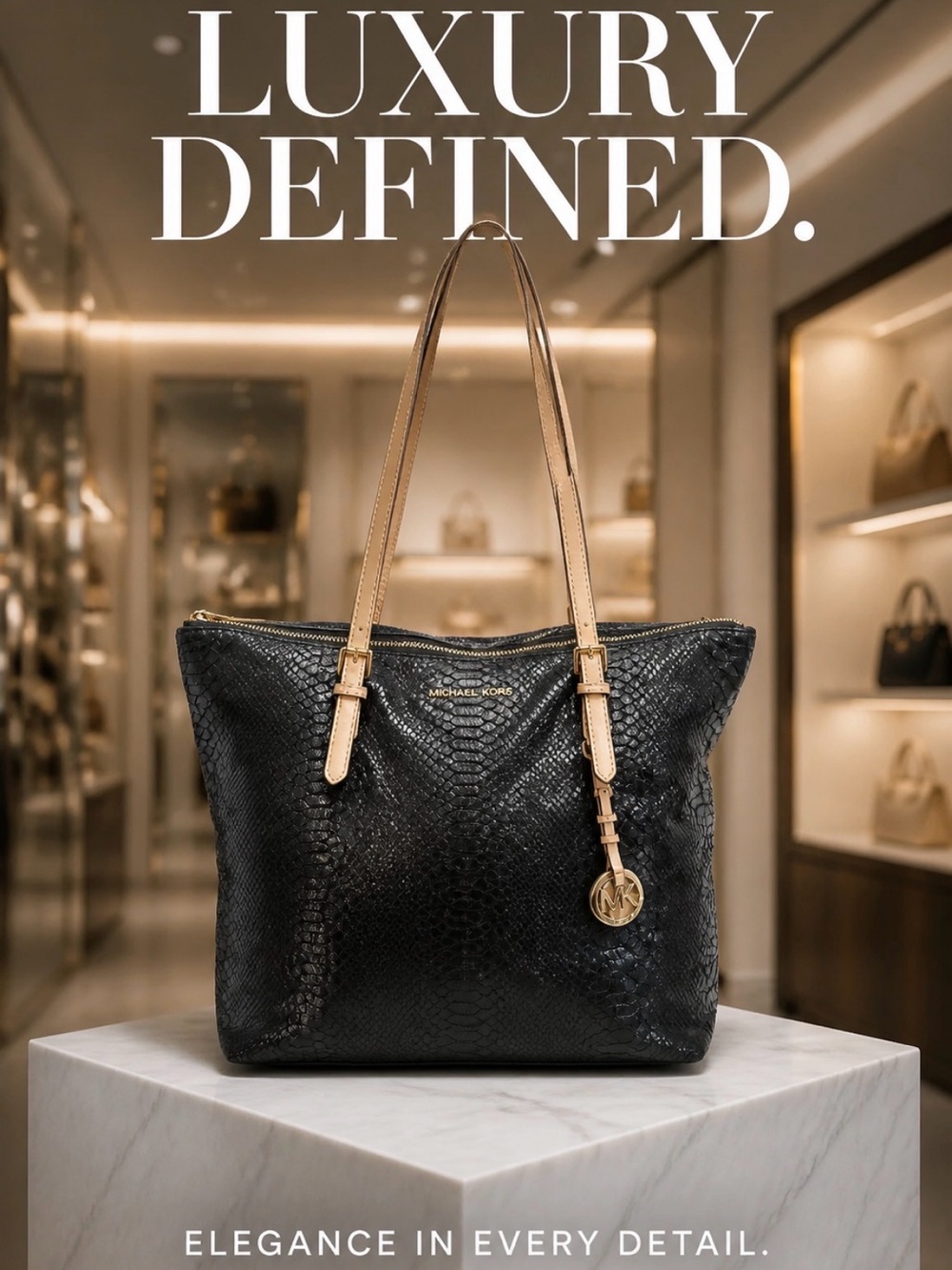Michael Kors Black Snake-Embossed Shoulder Tote with Beige Straps